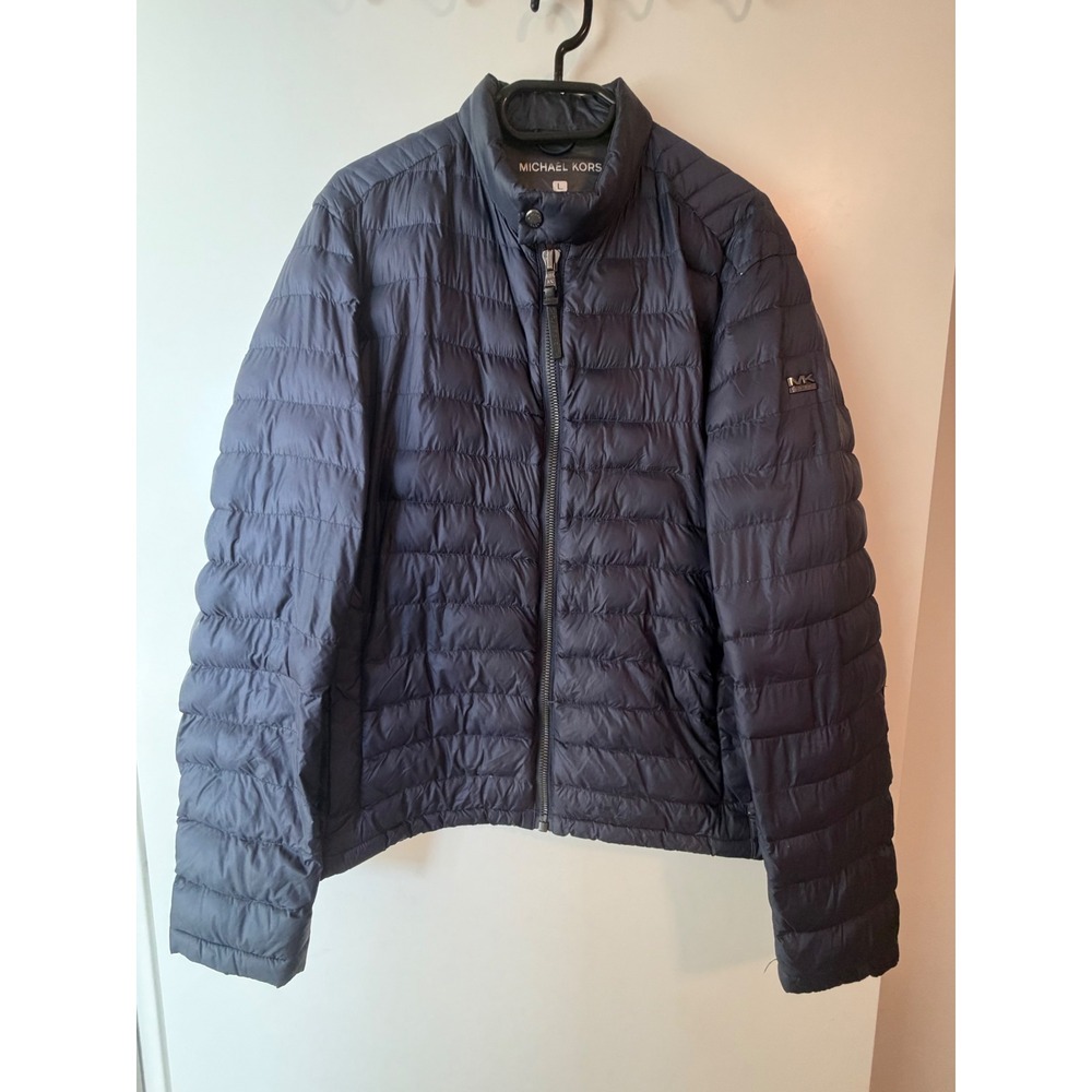 Michael Kors Navy Blue Lightweight Down Puffer Jacket Women Large MK Logo Puffer